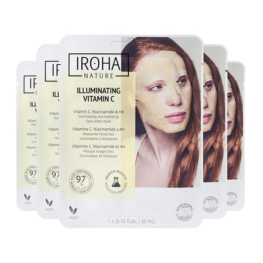 IROHA NATURE Face Masks - Packs for Better Skin (Pack of 5, Brightening & Hydrating Face Mask with Pure Vitamin C and Hyaluronic Acid)
