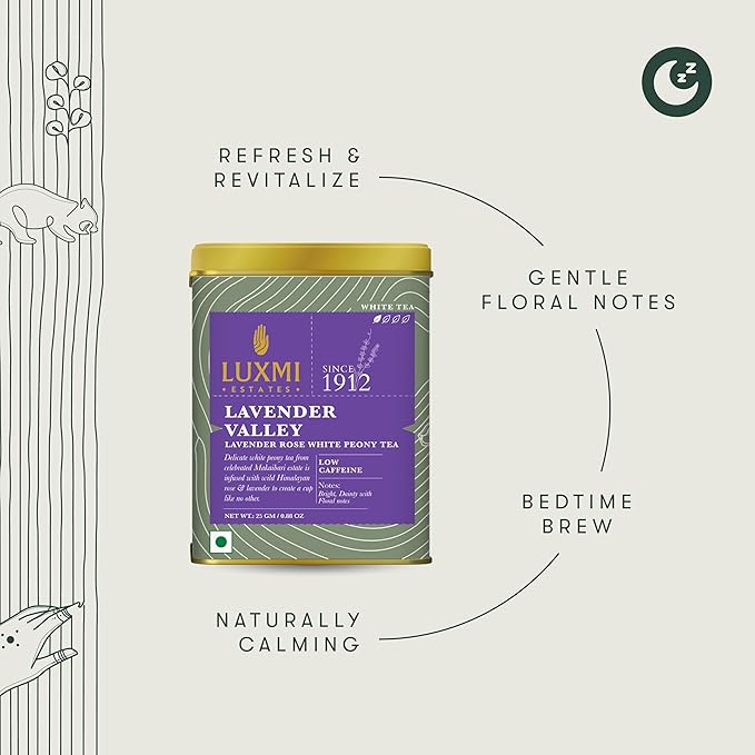 Luxmi Estates Lavender Valley Organic Loose Leaf Tea, (25g) Darjeeling Makaibari White Tea, Low Caffeine, Sleep Function Tea