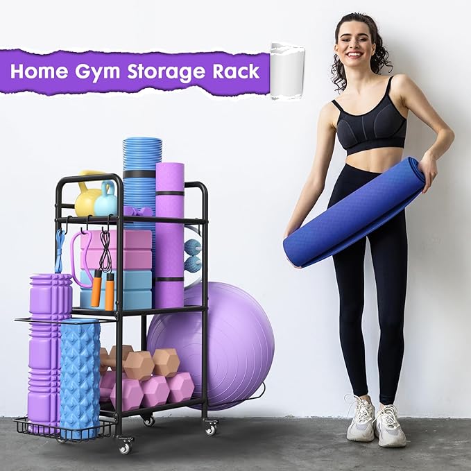 Home Gym Storage Rack Exercise Equipment Storage Organizer for Yoga Mat Dumbbells Kettlebells Foam Roller Yoga Strap & Resistance Bands, Ideal Yoga Mat Holder & Workout Equipment Organizer