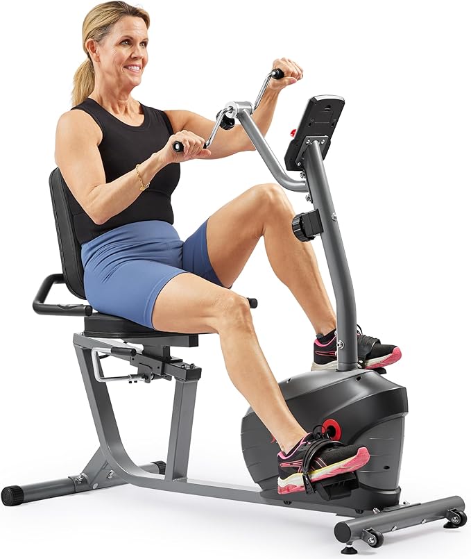 Sunny Health & Fitness Smart Indoor Recumbent Bike Trainer, Home Full Body Workout & Cardio Cycling Machine for Seniors, Free SunnyFit Bluetooth Connect, Optional Arm Exerciser Hand Cycle & Bands