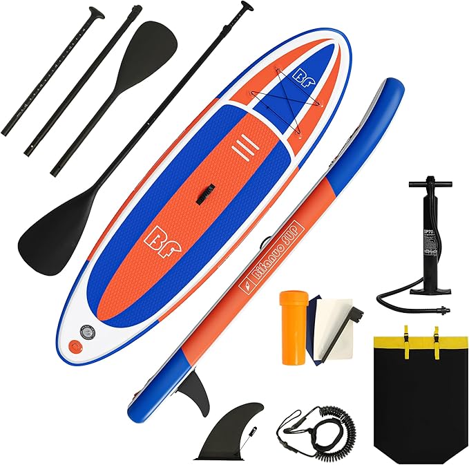 Inflatable Stand Up Paddle Board with SUP Accessories & Backpack. Paddle Boards for Adults. Non-Slip Deck, Wide Stance, Bottom Fin, Double Action Pump.