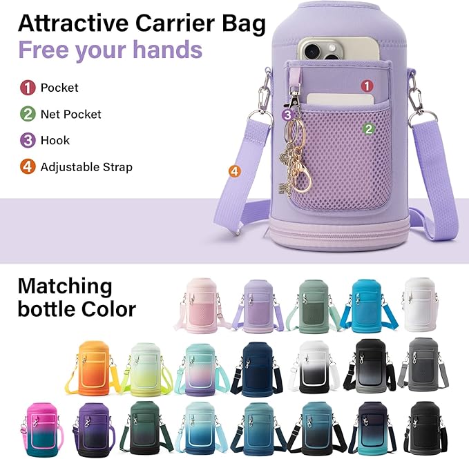 Insulated Water Bottle | Thickened Stainless Steel Vacuum Metal | Portable Sports Half Gallon Large Water Jug for Gym and Hiking with Straw, Carrier Bag, Handle Strap | BPA-Free 64 oz