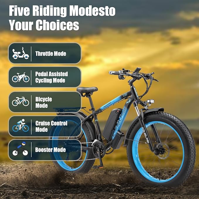 Electric Bike for Adults，26" x 4" Fat Tire Ebike，28MPH 1000W Motor Peak Power 2000W Electric Bicycles，48V 15AH Removable Battery，21 Speed Mountain Snow Beach E Bike