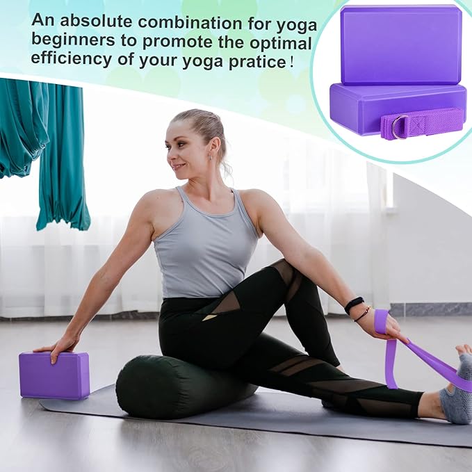 Meooeck 18 Pcs Yoga Block and Strap Set 9 x 6 x 3 Inch EVA Foam Non Slip Brick 8 ft Yoga Straps for Stretching D Ring Design for Back to School Pilates Fitness Workout Exercise