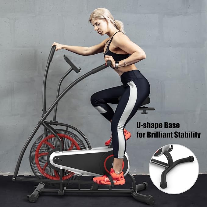Goplus Air Bike, Fan Exercise Bike with Unlimited Resistance, Clear LCD Display, Tablet Holder, Adjustable Seat and Built-in Wheels, Fan Cycling Bike for Home Cardio Training