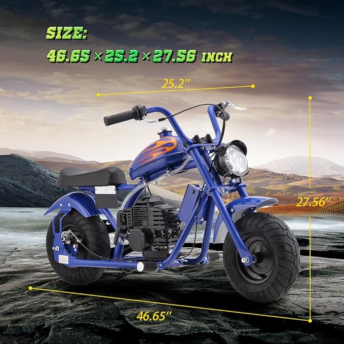 Gas Mini Chopper Bike, DB004 Model 49.4 CC 2-Stroke Dirt Bike with Big Headlight, Premium Tire, Metal Frame, Disc Brakes, Max Load 165Lbs, Up to 20Mph, EPA Approved