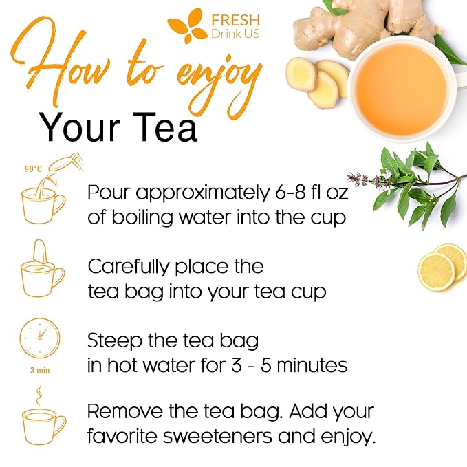 FreshDrinkUS, Premium 135 Tulsi Lemon Ginger Tea Bags, 100% Natural & Pure from Tulsi Holy Basil Leaves, Lemon and Ginger. Made with Natural Material Tea Bags. No Sugar, No Caffeine, Vegan.