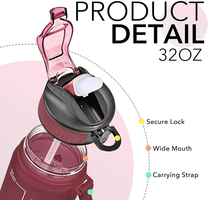 Hyeta 32 oz Water Bottles with Times to Drink and Straw, Motivational Water Bottle with Time Marker, Leakproof, Drinking Sports Water Bottle for Fitness, Gym and Outdoor
