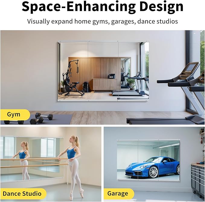 Home Gym Mirror - 48x24 Inch, 2PCS Frameless Tempered Glass Full Body Mirror for Wall Mount - Ideal for Yoga, Workout, Bedroom, Dance Studio (Silver)