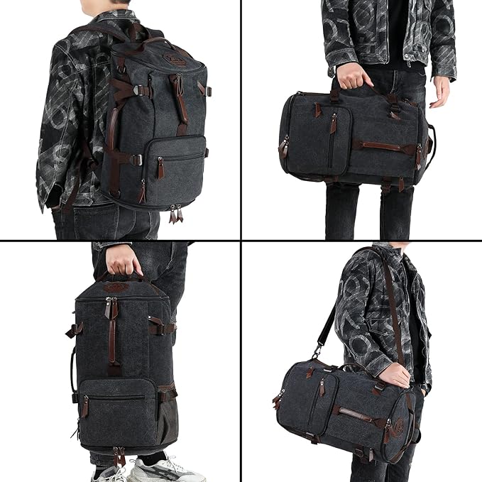 Kalesi Gym Duffle Bag Backpack 4-Way Vintage canvas with Shoes Compartment for travel Sport Hiking laptop (Vintage black)