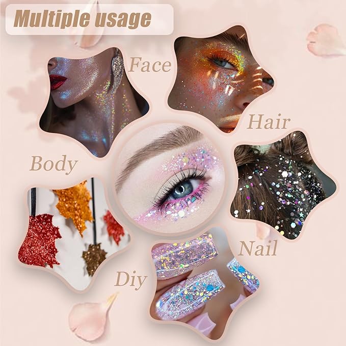 Face Body Glitter, Hair Glitter Sparkles Chunky Face Glitter Gel for Girls Makeup Singer Concerts Mermaid Festival Sequins Face Paint (3pc Rose)