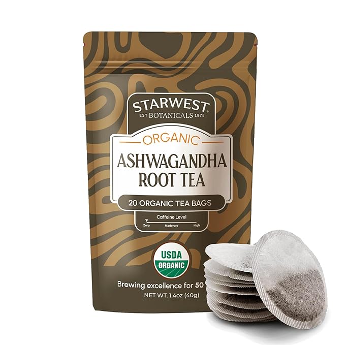 Starwest Botanicals Organic Ashwagandha Tea - Caffeine Free Herbal Tea, String Free Sachets, USDA Organic Ashwagandha Root, Non GMO - 20 Tea Bags