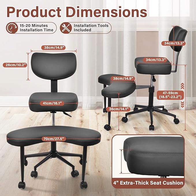 Meditation Chair Cross Legged ADHD Office Chair for Adults with Wheels Ergonomic Back Support and Leg Rest for Multi Position Criss Cross Sitting Kneeling and Yoga Height Adjustable, Leather Style