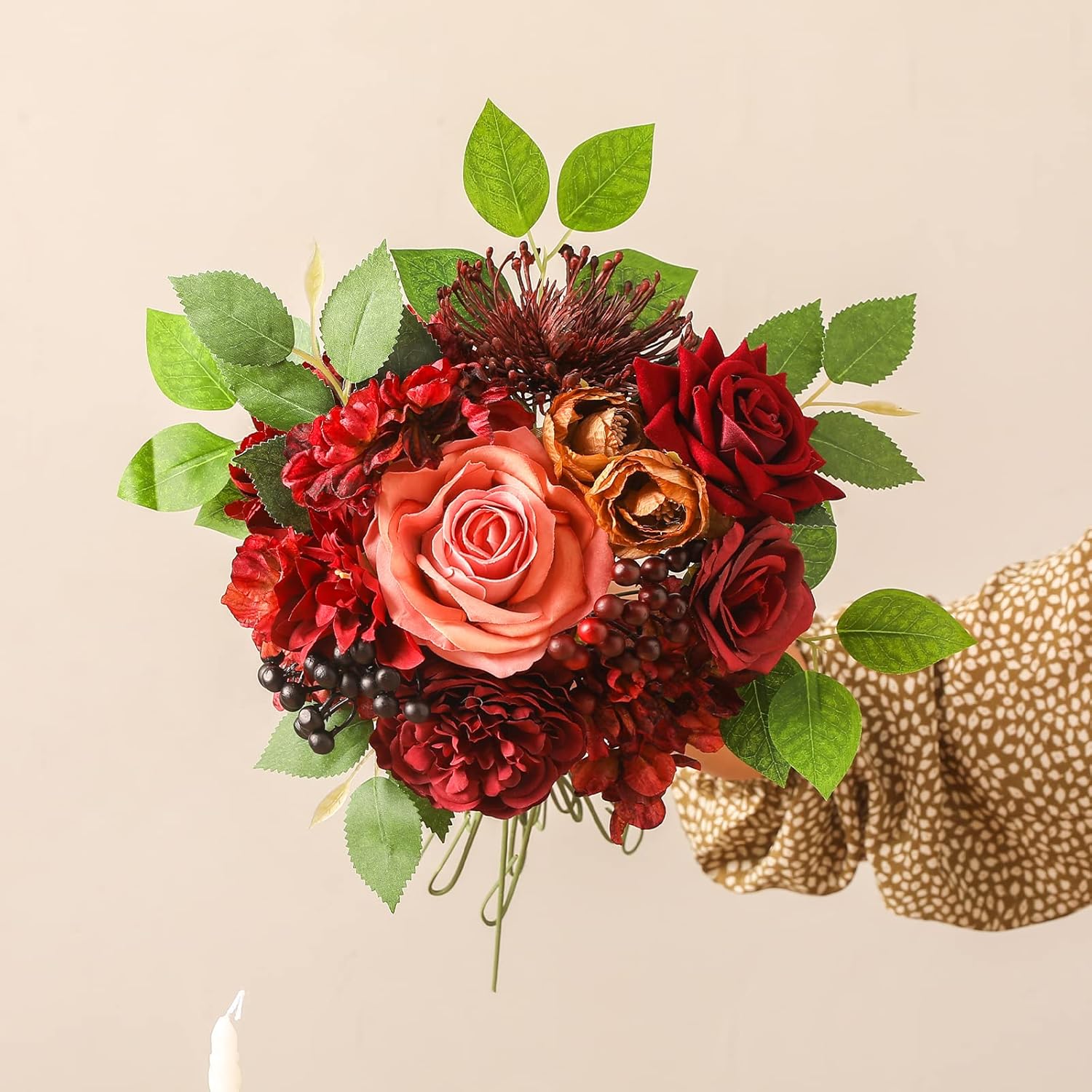 Artificial Flowers Combo Box Set Burgundy Silk Flowers for DIY Wedding Bouquet Arrangements Bridal Shower Party Home Decorations (Mature Burgundy)