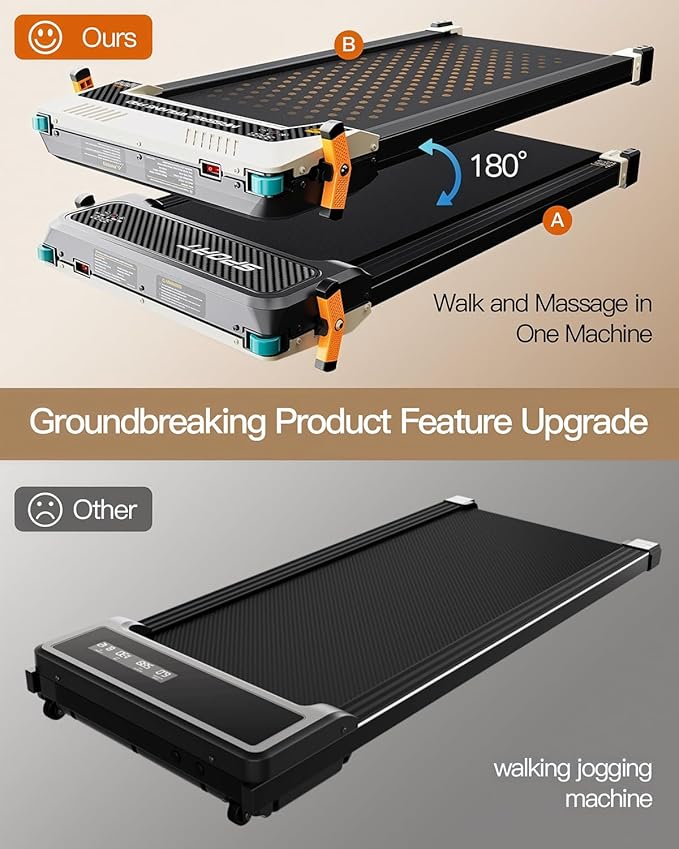 FUNRAY Versatile Walking Pad Treadmill with Incline - Dual-Sided Under Desk Treadmill with Foot Massage,2 in 1 Walking Machine for Home/Office with 330LBS Weight Capacity