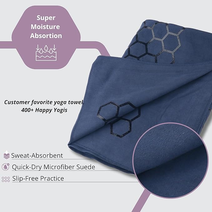 Clever Yoga Non-Slip Hot Yoga Towel – Non-Slip Grip for Hot Yoga, Sweat Absorbent, Honeycomb Silicone Grip, Stays Flat – Ideal for Pilates, Travel, Washable & Lightweight - Dark Blue