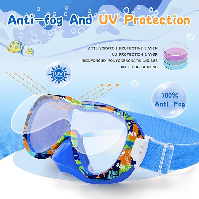 Kids Swim Goggles with Nose Cover, 180° Panoramic Snorkel Mask with Anti-Fog & Anti-Leak Design, Comfort Fabric Strap UV Protection Lens for Boys Girls Ages 3-15