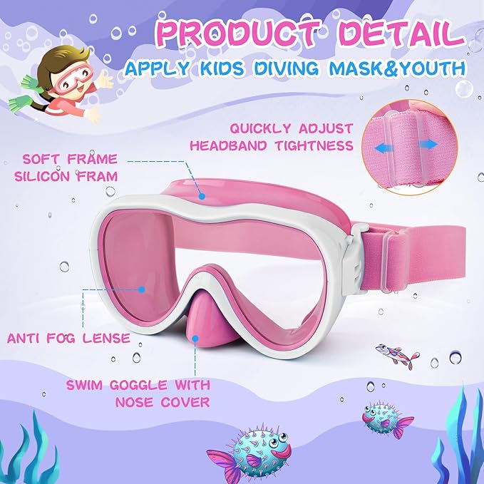 Kids Swim Goggles 180° Snorkel Diving Mask with Nose Cover, Anti-Fog Kids Swimming Goggles with Elastic Fabric Strap for Kids Boys Girls