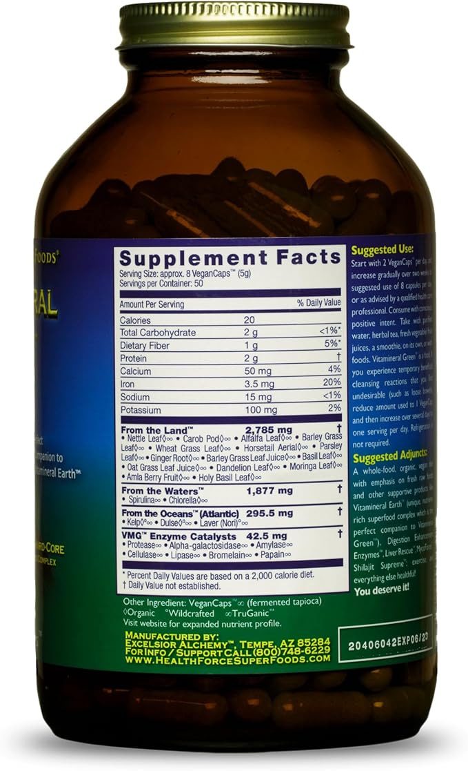 HEALTHFORCE SUPERFOODS Vitamineral Green - Mineral Supplement for Immune & Thyroid Support - Green Powder Supplement with Ingredients from The Land - Gluten-Free & Vegan - 400 Capsules (Pack of 3)
