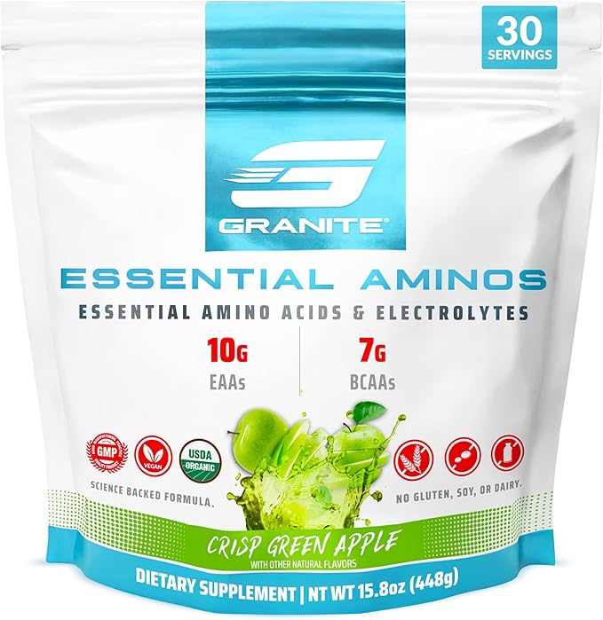 Granite Essential Amino Acids Powder, Green Apple Flavor, with 10g EAAs and 7g BCAAs, Supports Muscle Recovery & Growth, Soy-Free, Gluten-Free (30 Servings)