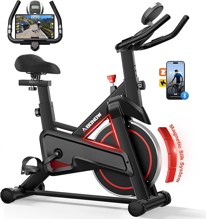 Exercise Bike, Adjustable Magnetic Resistance Stationary Bikes for Home with App Compatible, Indoor Cycling Bike with 300lbs Capacity Compact, Extra Comfort Seat & Tablet Mount