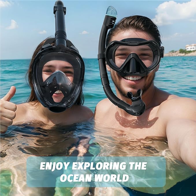 Full Face Snorkel Mask, Snorkeling Gear for Adults Men and Women, 180 Degrees Panoramic View Snorkel Set Anti-Fog Anti-Leak, Dry Top System and Travel Bag for Swimming, Snorkeling
