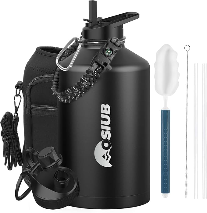 Insulated Water Bottle 128 oz, Triple Wall Vacuum Stainless Steel(Cold for 48 Hrs),Leak Proof & BPA-Free,One Gallon Water Bottle with Reflective Paracord & Flip Straw for Sports & Travel, Black