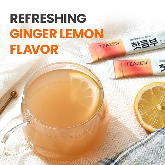TEAZEN Lemon Ginger Hot Kombucha Tea, Spice Tea, Live Probiotics & Postbiotics, Relaxation and Warmth for Colds and Sore Throat, Hydration Drink Mix, Sugar Free, 10 Sticks, 1.76oz