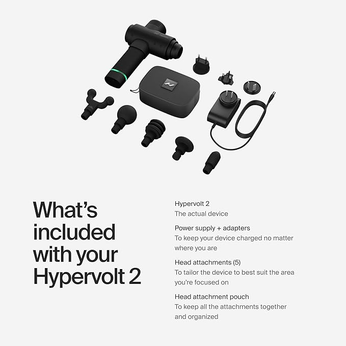 Hyperice Hypervolt 2 Black - Featuring Quiet Glide Technology - Handheld Percussion Massage Gun | 3 Speeds, 5 Interchangeable Heads | Helps Relieve Sore Muscles and Stiffness |FSA and HSA