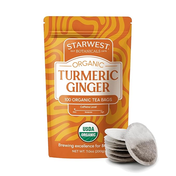 Starwest Botanicals Organic Turmeric Ginger Tea - Caffeine Free Herbal Tea with Turmeric, Cinnamon, & Ginger, Tea with Antioxidant Properties, String Free Sachets, Non GMO - Bulk Pack, 100 Tea Bags