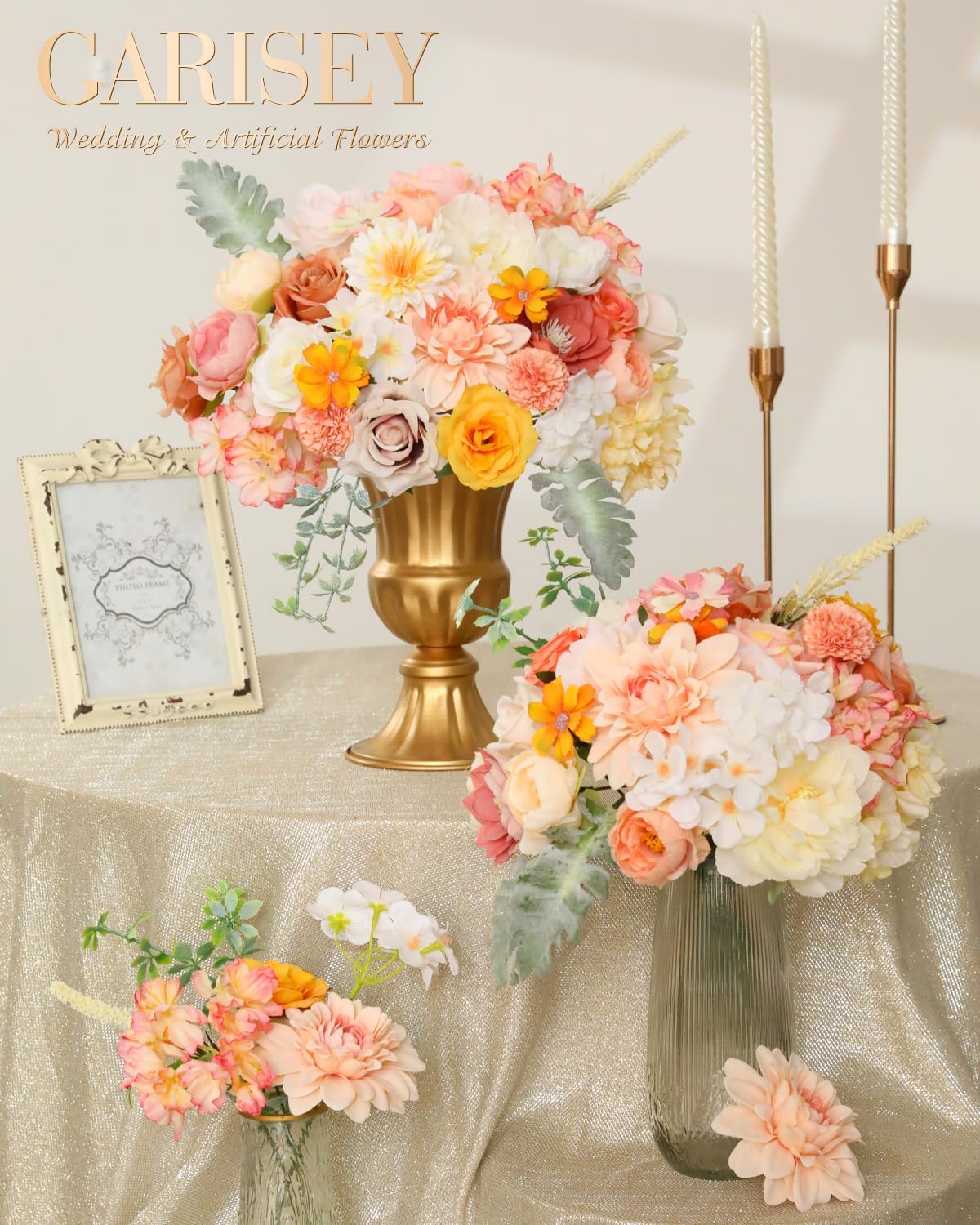 Artificial Flowers Combo, Mix Silk Flowers Roses, Peonies, Dahlias with Stems for DIY Wedding Bridal Bouquet, Baby Shower, Table Centerpieces, Home Decor, Floral Arrangements-Champagne Powder