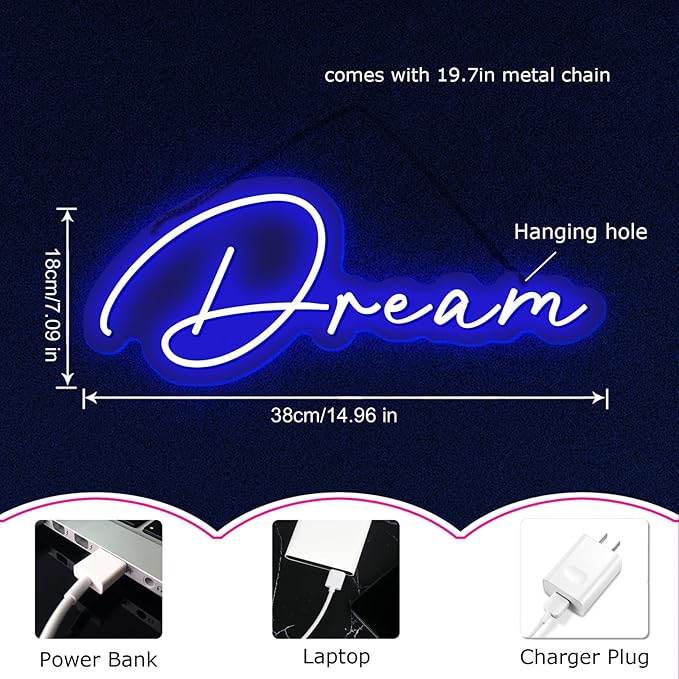 Dream Neon Sign for Wall Decor LED Neon Dream Light Sign USB Powered Wall Neon Light up Sign for Party Wall Décor Party Light Home Room Christmas Club Bistro Decor 5v (Blue)