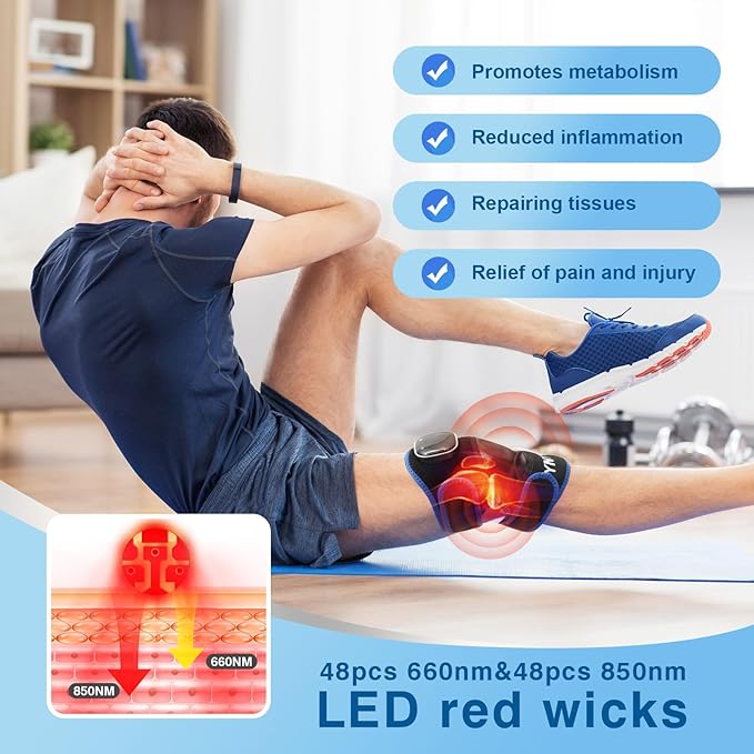Red Light Therapy for Knee with Heated Vibration,Cordless Near Infrared Red Light Therapy Wrap Device,96 LED Beads (660nm + 850nm),3000 mAh Rechargeable Knee Massager for Pain Relief & Support (Blue)