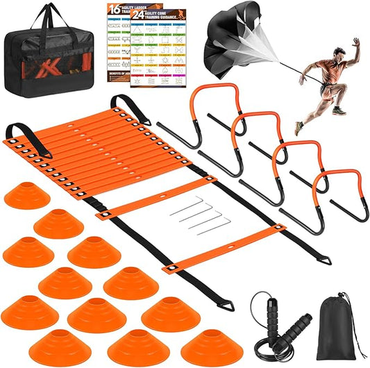 Agility Speed Training Equipment Set - 20ft Speed Ladder, 12 Cones, 4 Adjustable Hurdles, Jump Rope, Parachute | Ideal for Basketball, Football, Soccer, for Kids, Youth, Adults