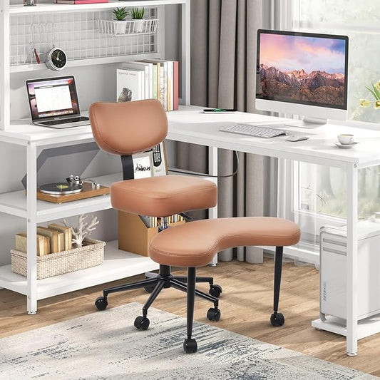 Meditation Chair Cross Legged ADHD Office Chair for Adults with Wheels Ergonomic Back Support and Leg Rest for Multi Position Criss Cross Sitting Kneeling and Yoga Height Adjustable, Leather Style