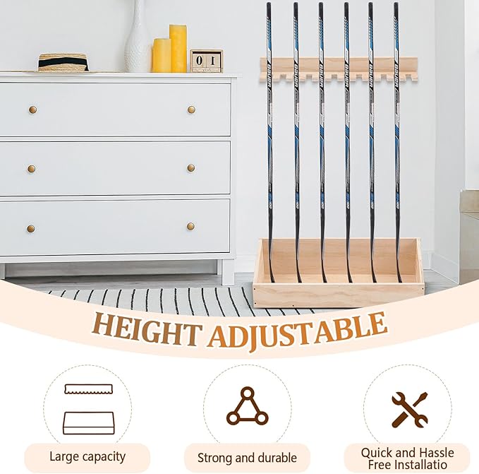 Leinuosen Hockey Stick Holder Wall Mounted and Vertical 2 in 1 Wooden Ice Hockey Rack Organizer Storage and Display Large Capacity Organizer Holds up to Sticks for Player Gifts