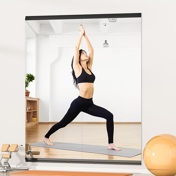 Hasipu 2 Pcs 48''x30'' Home Gym Mirror Large Full Length Wall Mounted Full Body Mirror for Yoga Dance Fitness Exercise Studio Bedroom Garage, Frameless Tempered Glass Workout Mirrors Black Rectangular