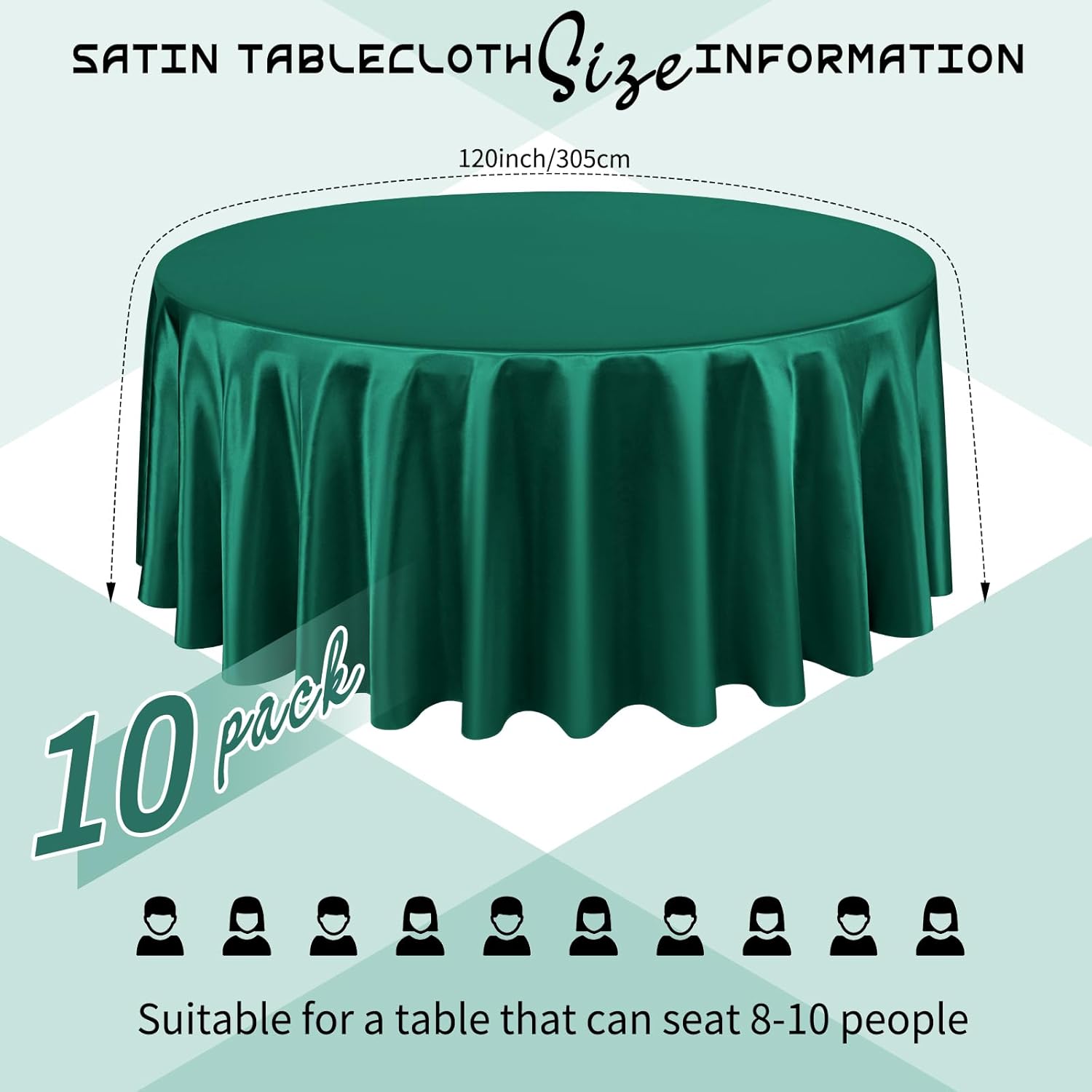 10 Packs Satin Tablecloth 120 Inch Dark Green Round Table Cloth Silk Tablecloth Smooth Fabric Overlay Satin Table Cover Decoration for Wedding Party Banquet Events