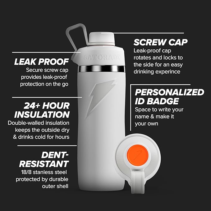 Gatorade 'Overtime' 22oz Stainless Steel Water Bottle, Twist Cap, White