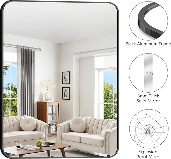 FORBATH Large Bathroom Mirror 48 x 36 Inches，Black Large Wall Mirror Aluminum Frame Wall Mounted Rounded Corner Morndern Mirror for Bathroom Bedroom Entryway Living Room