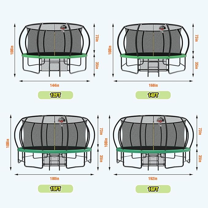 10 12 14 15 16FT Outdoor Trampolines for Kids and Adults, Pumpkin Trampoline with Curved Poles, Recreational Trampoline with Basketball Hoop and Safety Enclosure Net for Kids and Adults