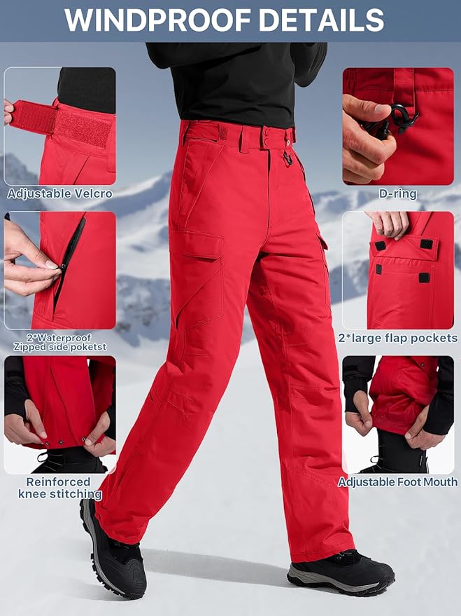 FREE SOLDIER Men's Waterproof Snow Insulated Pants Winter Skiing Snowboarding Pants with Zipper Pockets