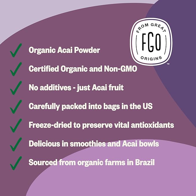 FGO Organic Acai Powder, 4oz Resealable Pouch, Freeze Dried Superfood Berry from Brazil, No Sugar & Additives,Great for Drinks, Smoothie, & Beverages, Non-GMO (Pack of 1)