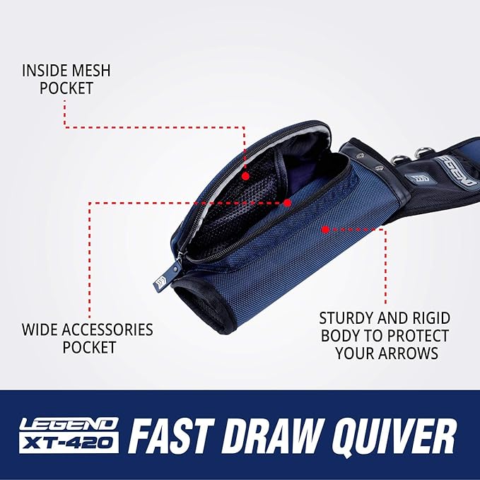Legend XT420 Field Quiver - Left or Right-Handed Quiver Arrow Holder, Archery Quiver with 3 Arrow Tube, Durable Nylon Hip Quivers with Multiple Pockets for Archery Accessories, Score Card & Tools