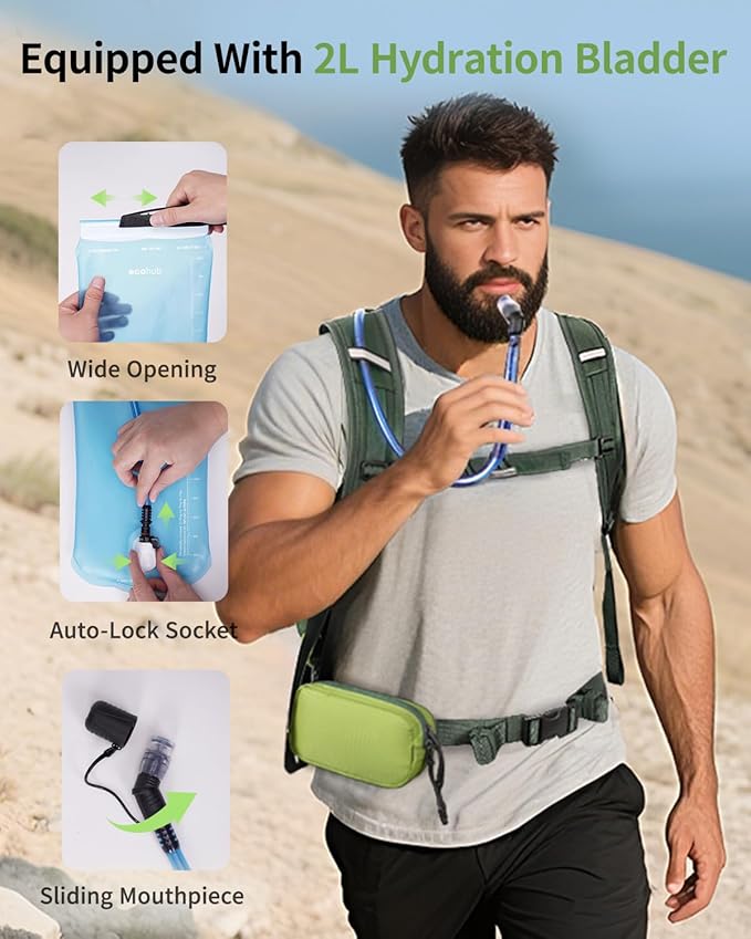 ECOHUB Hydration Backpack for Men Women, 20L Lightweight Hiking Daypack Cycling Backpack with 2L Water Bladder, Insulated Hydration Pack with Waist Pack