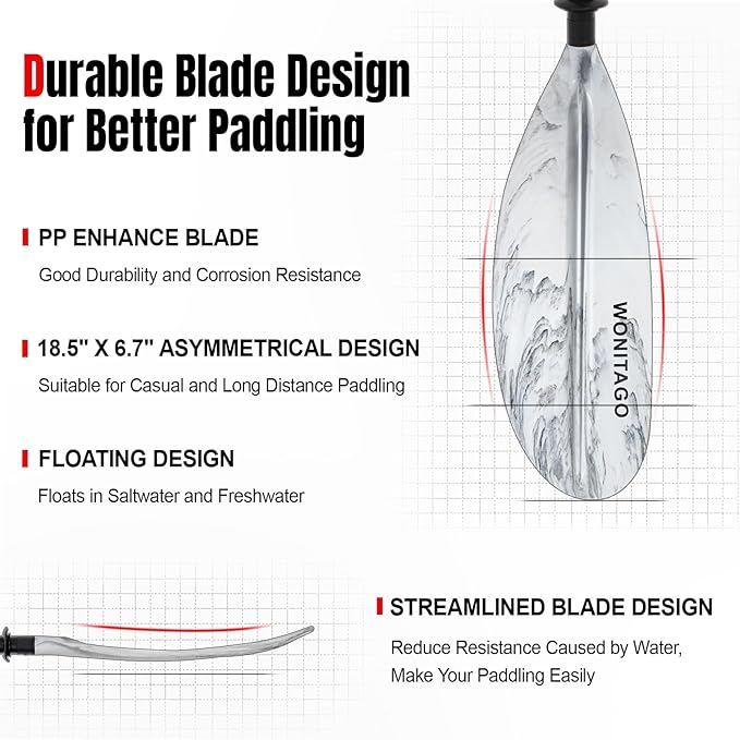 Kayak Paddle with Aluminum Shaft and Reinforced PP Blade, Floating Kayak Oar for Kayaking Canoeing and Boating, 220 cm/86 inches - 230 cm/90 inches