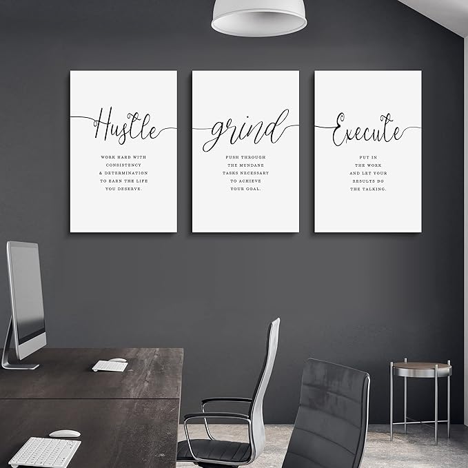 Framed Canvas Wall Art Hustle Quote, Office Wall Art, White Large Poster, Positive Motivational Set of 3 Prints, Execute Hustle Grind, Inspirational Print (H-3pcs,20x30inchx3pcs)