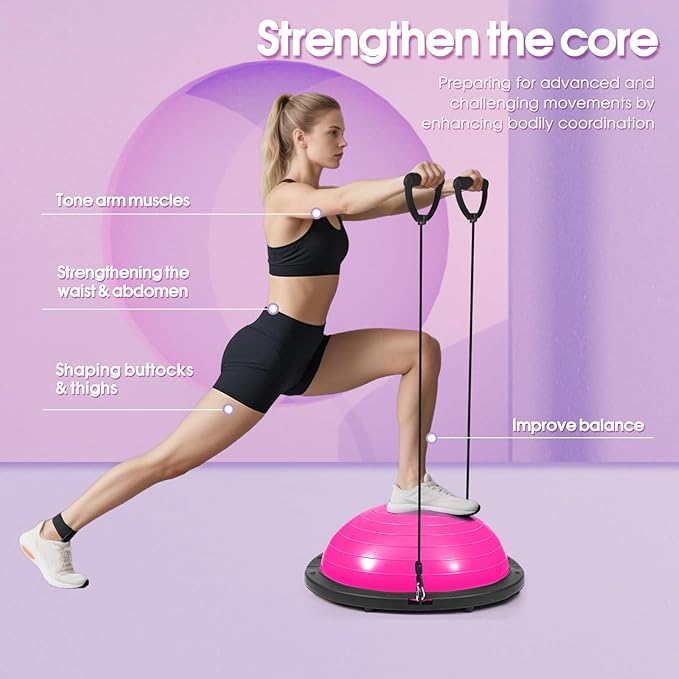 Half Balance Ball Trainer with Resistance Bands, Pink, Exercise Ball for Yoga and Stability Training