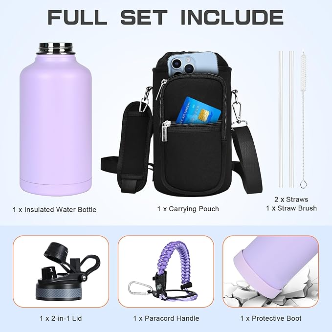 Insulated Water Bottle 64 oz, Half Gallon Water Jug Cold 48H, BPA Free Stainless Steel Bottles with Straw/Chug 2-in-1 Lid, Bag, Paracord Handle, Silicone Boot, Sports Gym School Metal Flask