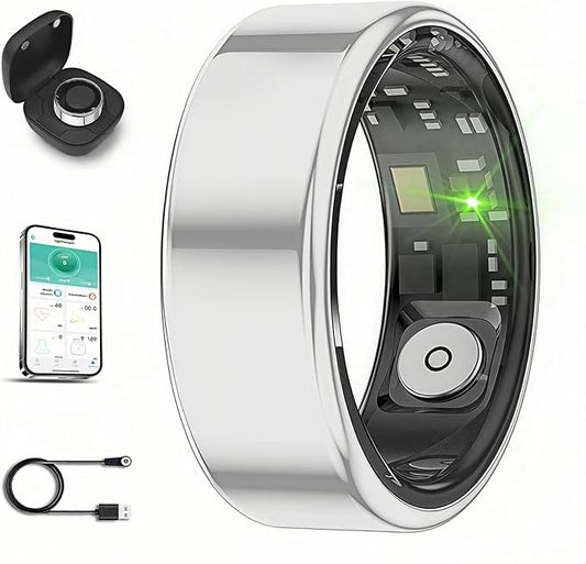 Smart Ring for Men Women with Black Charging Box, Bluetooth, Health Ring , IP68 Waterproof, Fitness Ring Tracks Heart Rate/Sleep/Steps/Sports Activities/Blood Oxygen,non-subscription app (Silver, 9)